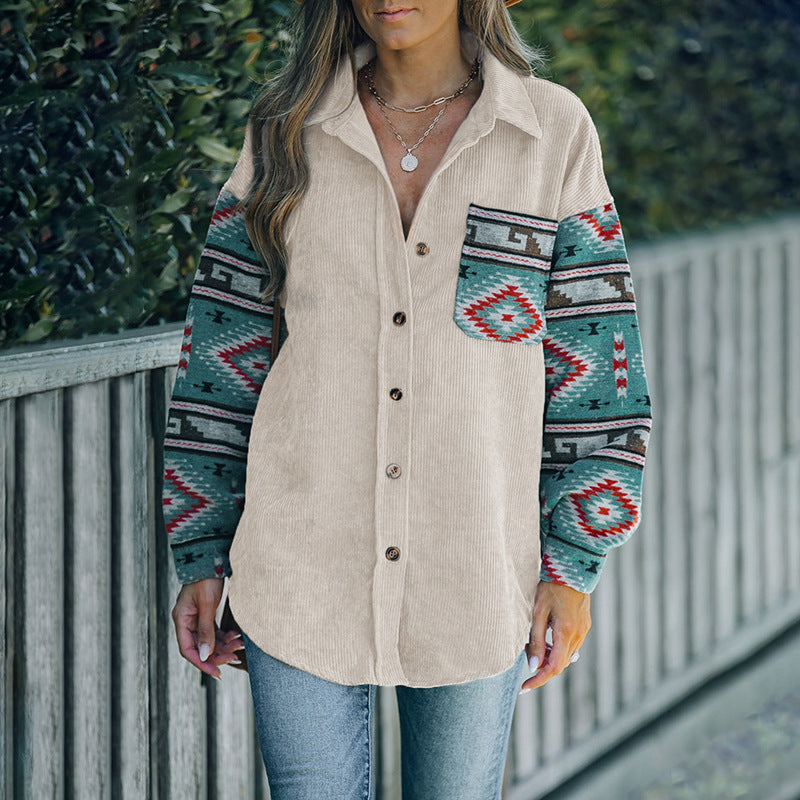 Women's cord shirt jacket with patterned knitted sleeves and patch chest pocket Mune Fashion