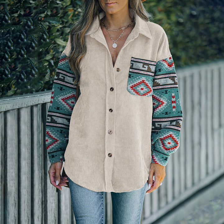 Women's cord shirt jacket with patterned knitted sleeves and patch chest pocket Mune Fashion
