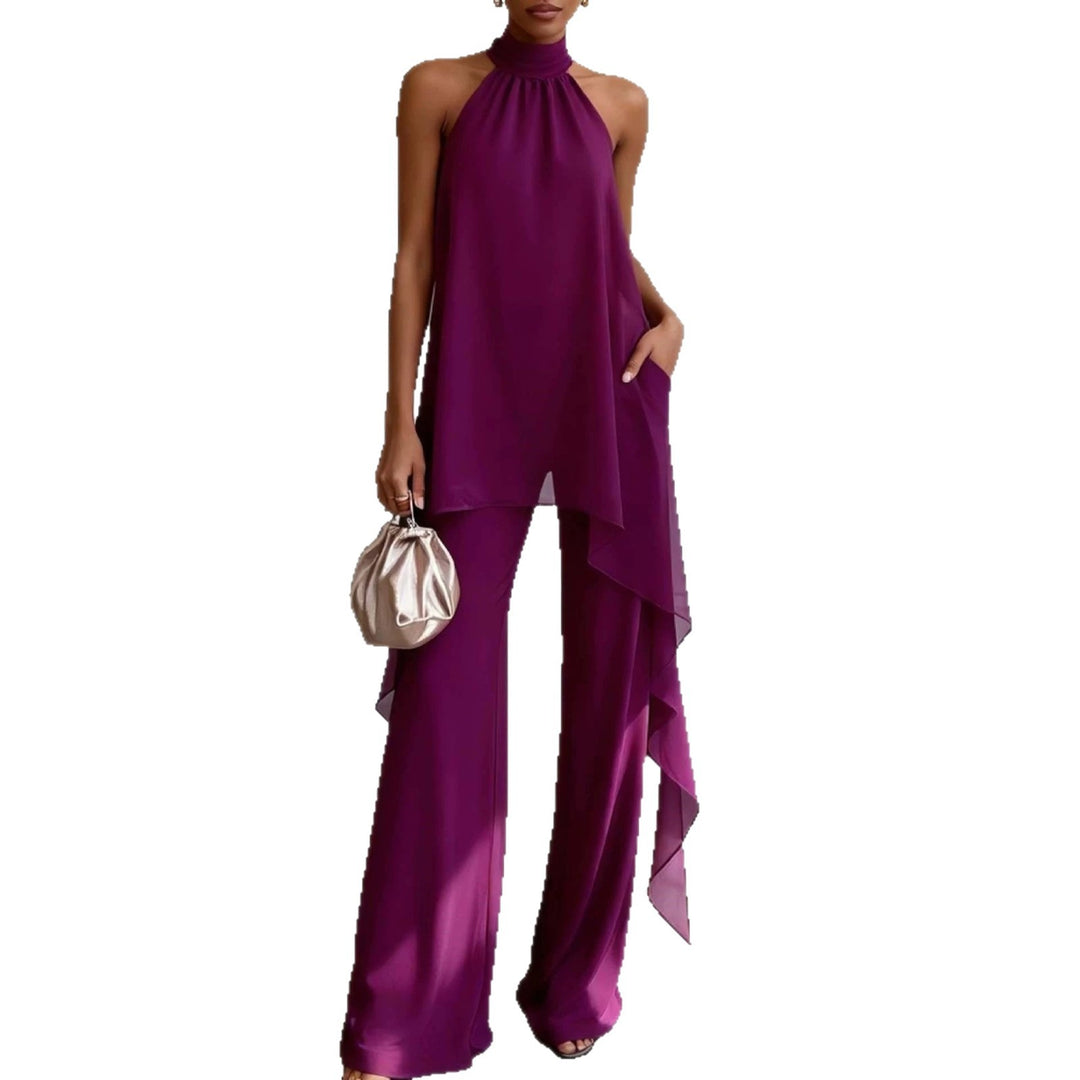 Ladies' elegant evening two-piece with gathered stand collar, asymmetrical ruffle, and flowing flared trousers Mune Fashion