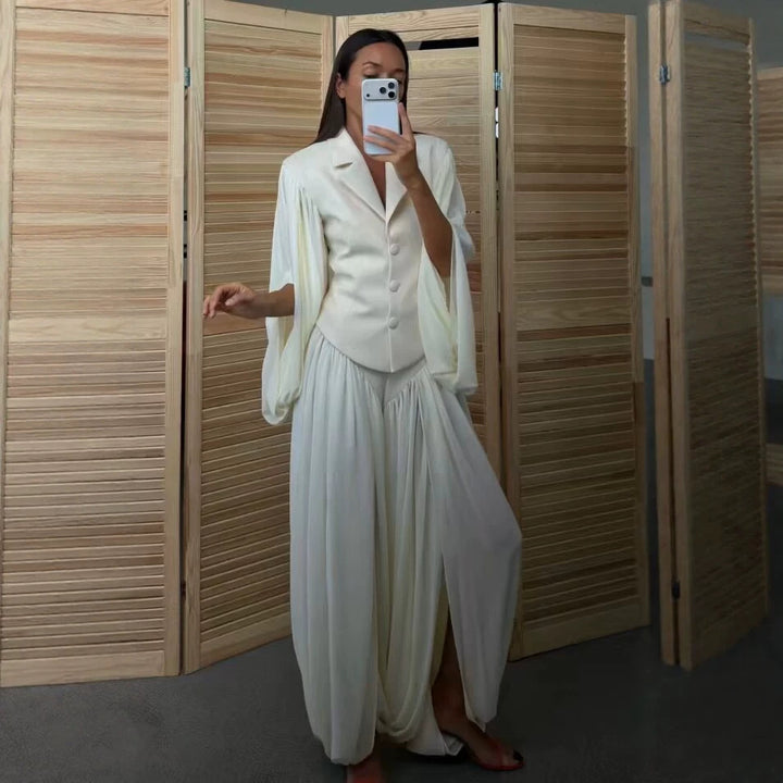 Women's Two-Piece Set with Short Blazer featuring Dramatic Bell Sleeves and Pleated Palazzo Pants Mune Fashion
