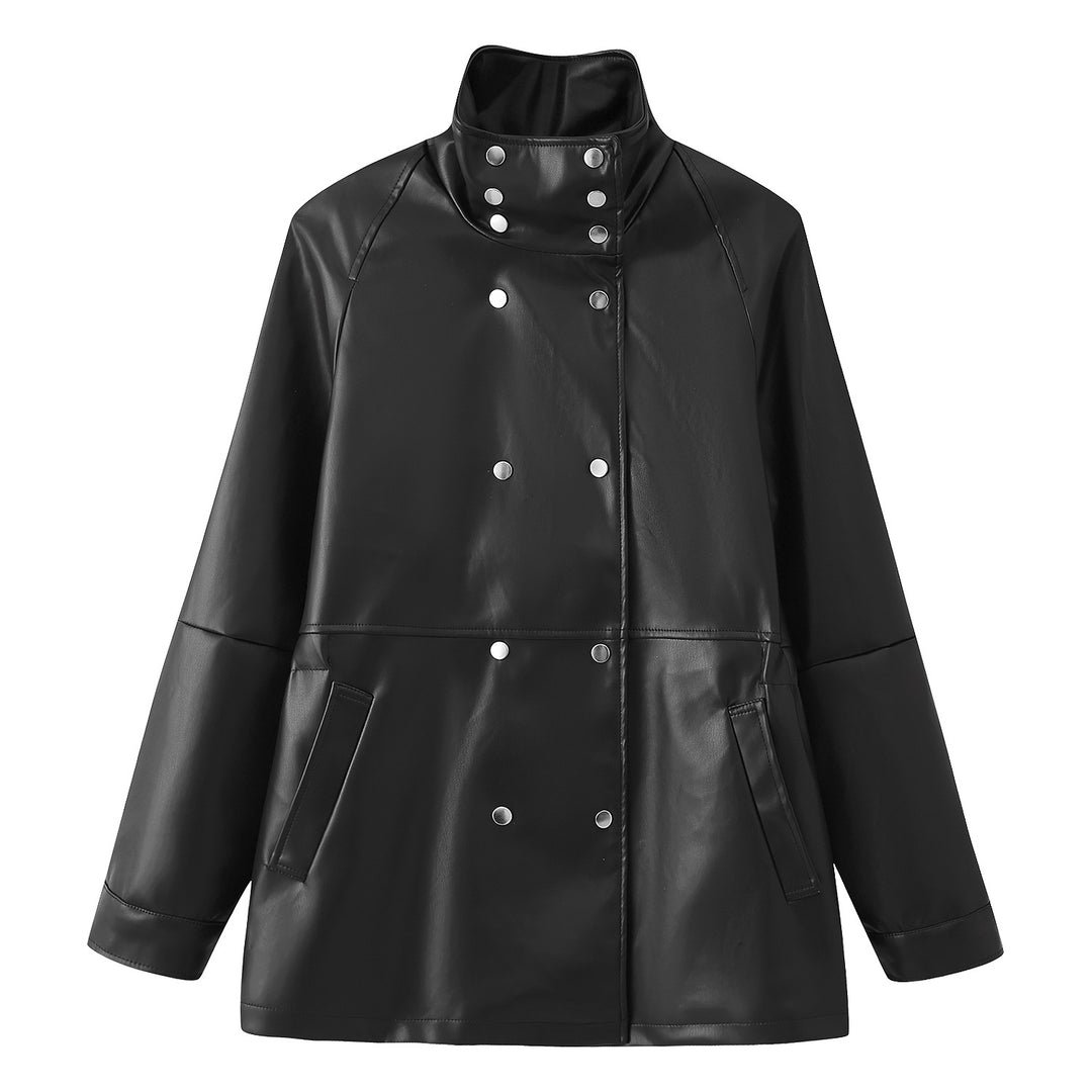 Women's Mid-Length Faux Leather Coat with High Stand-Up Collar and Double-Breasted Snap Buttons Mune Fashion