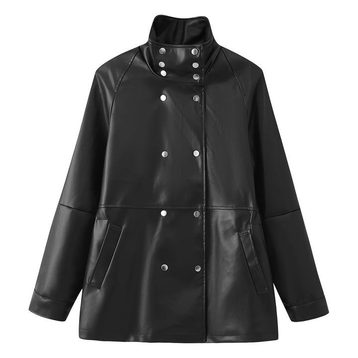 Women's Mid-Length Faux Leather Coat with High Stand-Up Collar and Double-Breasted Snap Buttons Mune Fashion