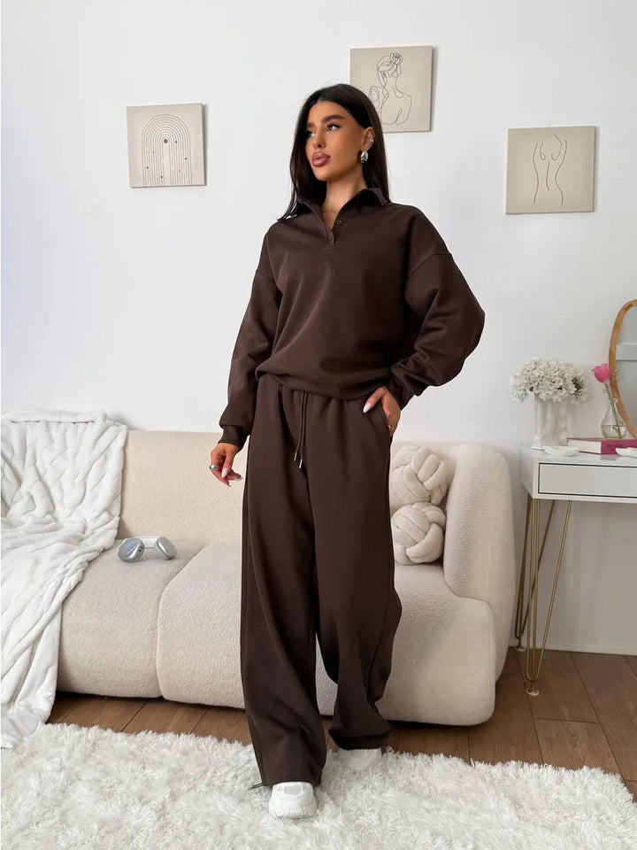 Women's wide Polo lounge set with elastic drawstring waistband and wide-leg jogging pants Mune Fashion