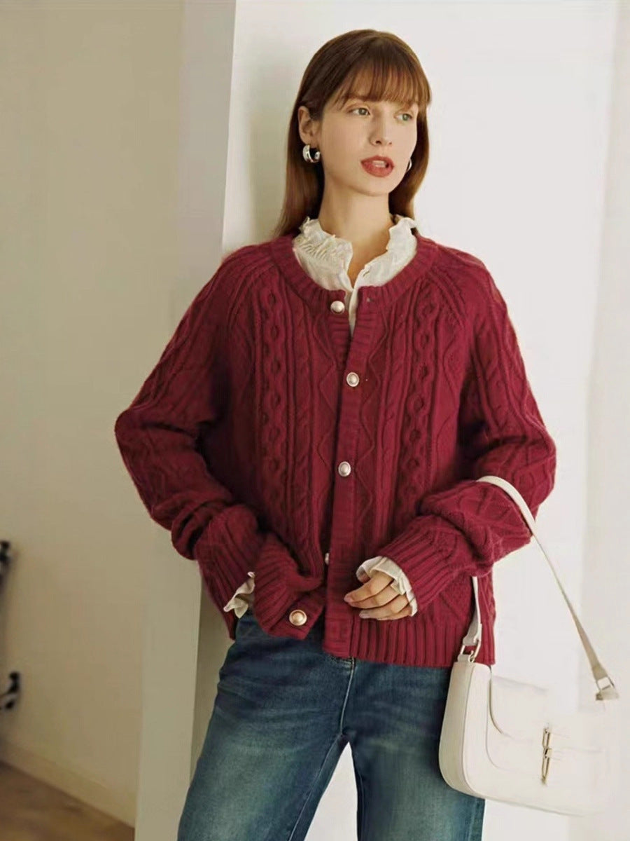Ladies Cozy Braid and Diamond Knit Cardigan with Mother-of-Pearl Button Placket Mune Fashion
