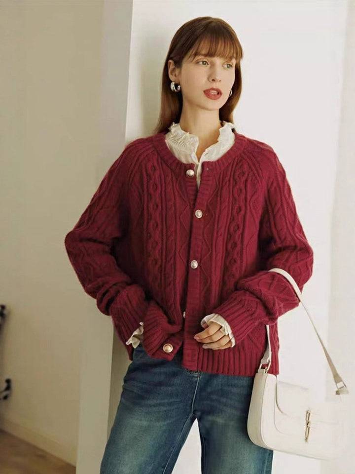 Ladies Cozy Braid and Diamond Knit Cardigan with Mother-of-Pearl Button Placket Mune Fashion