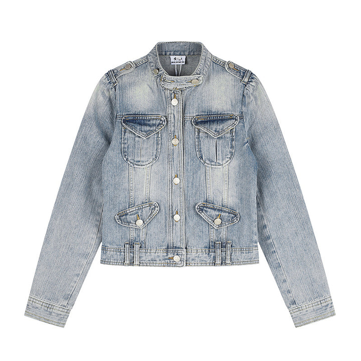 Women's Short Denim Jacket in Military Style with Stand Collar, Shoulder Epaulets and Flap Pockets Mune Fashion