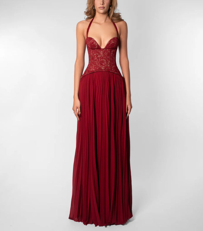 Ladies nan halter neck corset dress with lace corset and flowing pleated skirt Mune Fashion