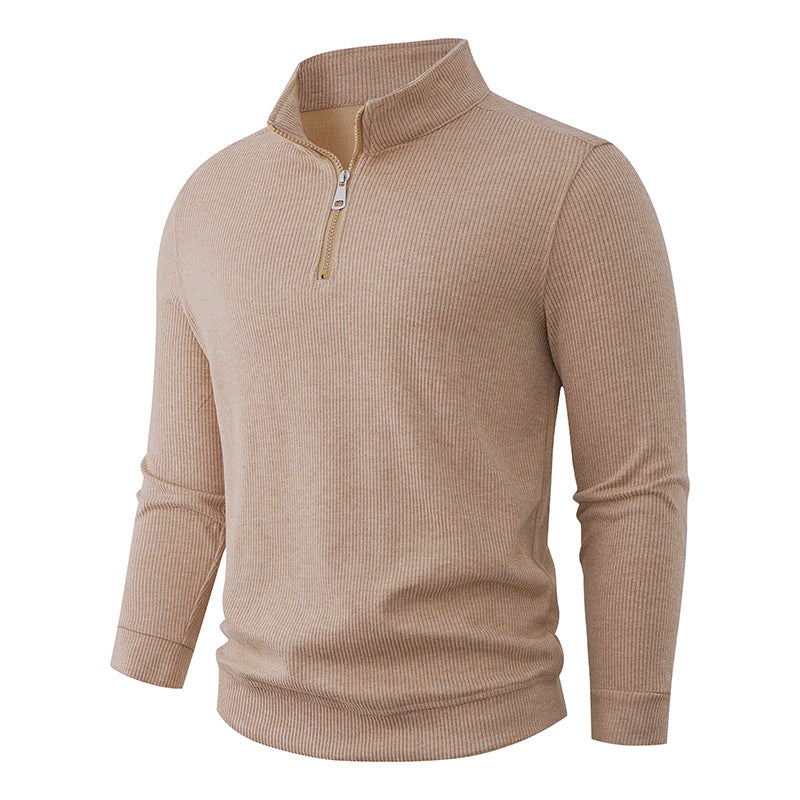 Men's Half-Zip Knit Sweater with Stand Collar and Rib Structure Mune Fashion