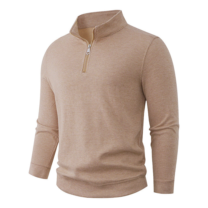 Men's Half-Zip Knit Sweater with Stand Collar and Rib Structure Mune Fashion