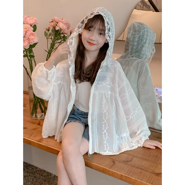 Women's transparent embroidered hoodie blouse with ruffle sleeves Mune Fashion