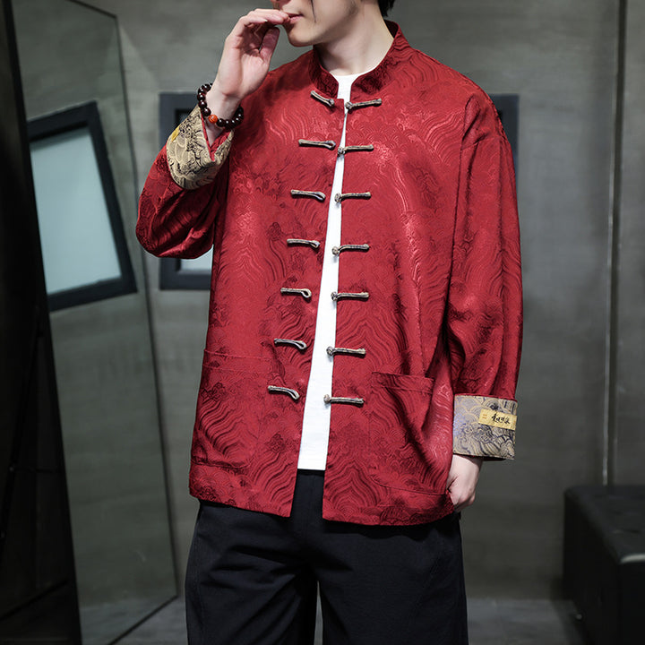 Men's traditional Tang jacket with Chinese knot closure and brocade sleeves Mune Fashion