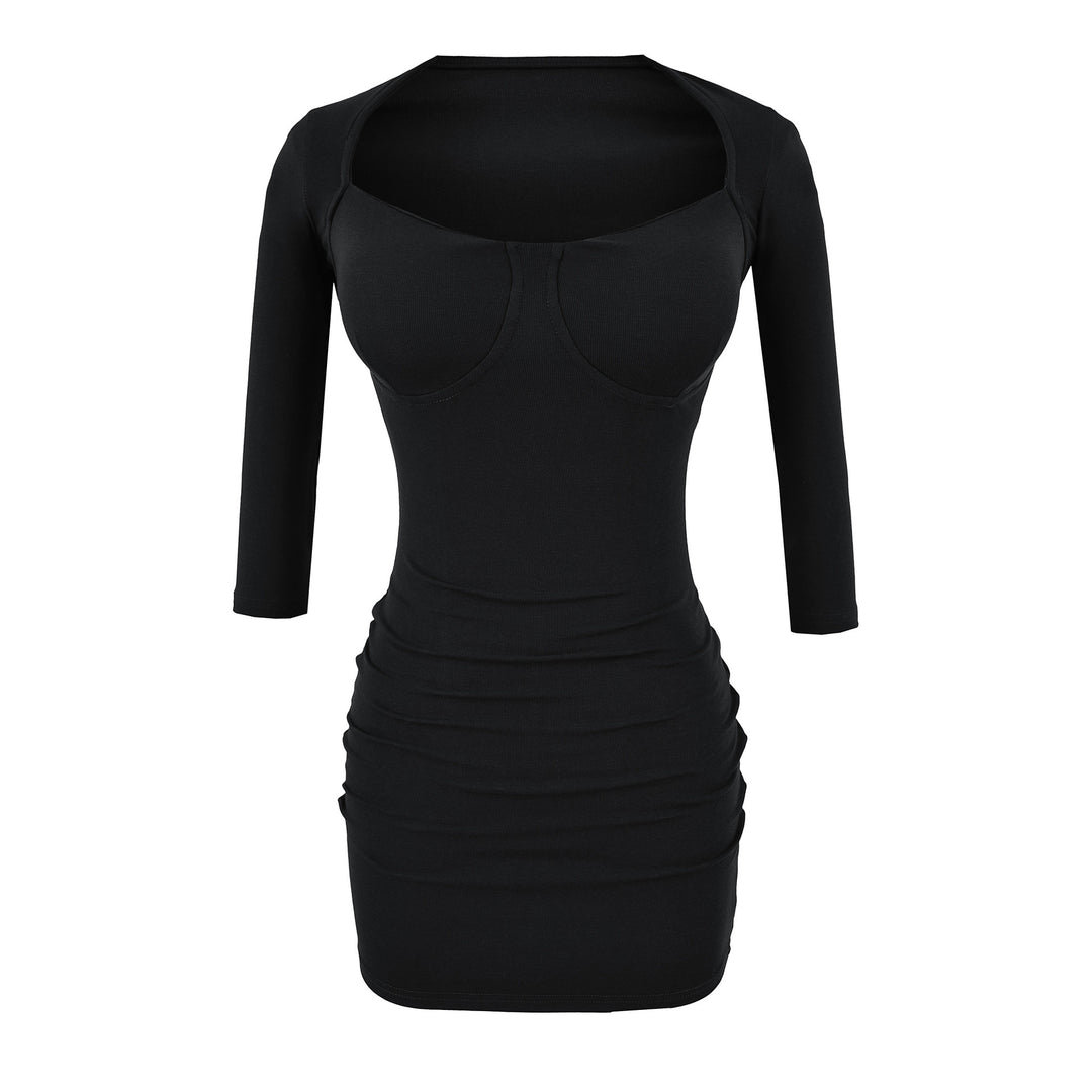 Ladies fitted midi dress with sewn-in cups, wide square neckline and gathering around