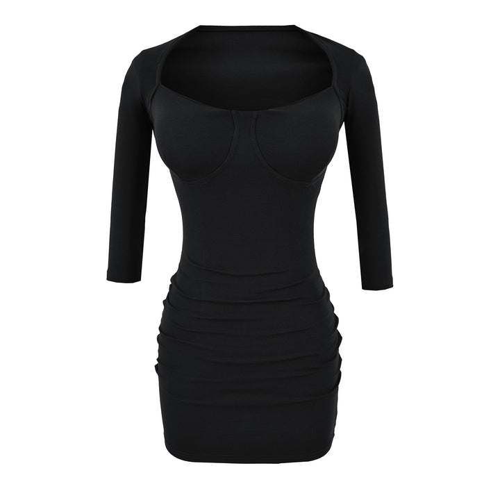 Ladies fitted midi dress with sewn-in cups, wide square neckline and gathering around