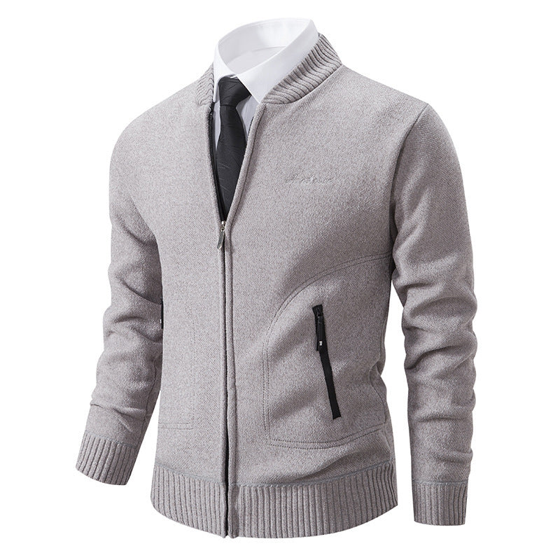 Men's lightweight business knit cardigan with concealed front zipper, zippered pockets, and ribbed hem Mune Fashion