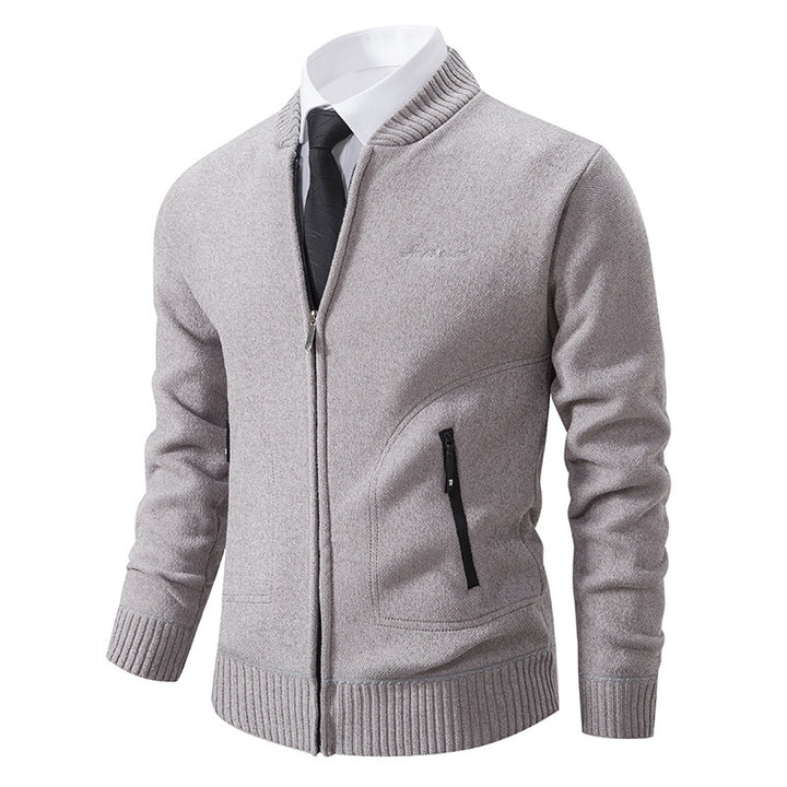 Men's lightweight business knit cardigan with concealed front zipper, zippered pockets, and ribbed hem Mune Fashion
