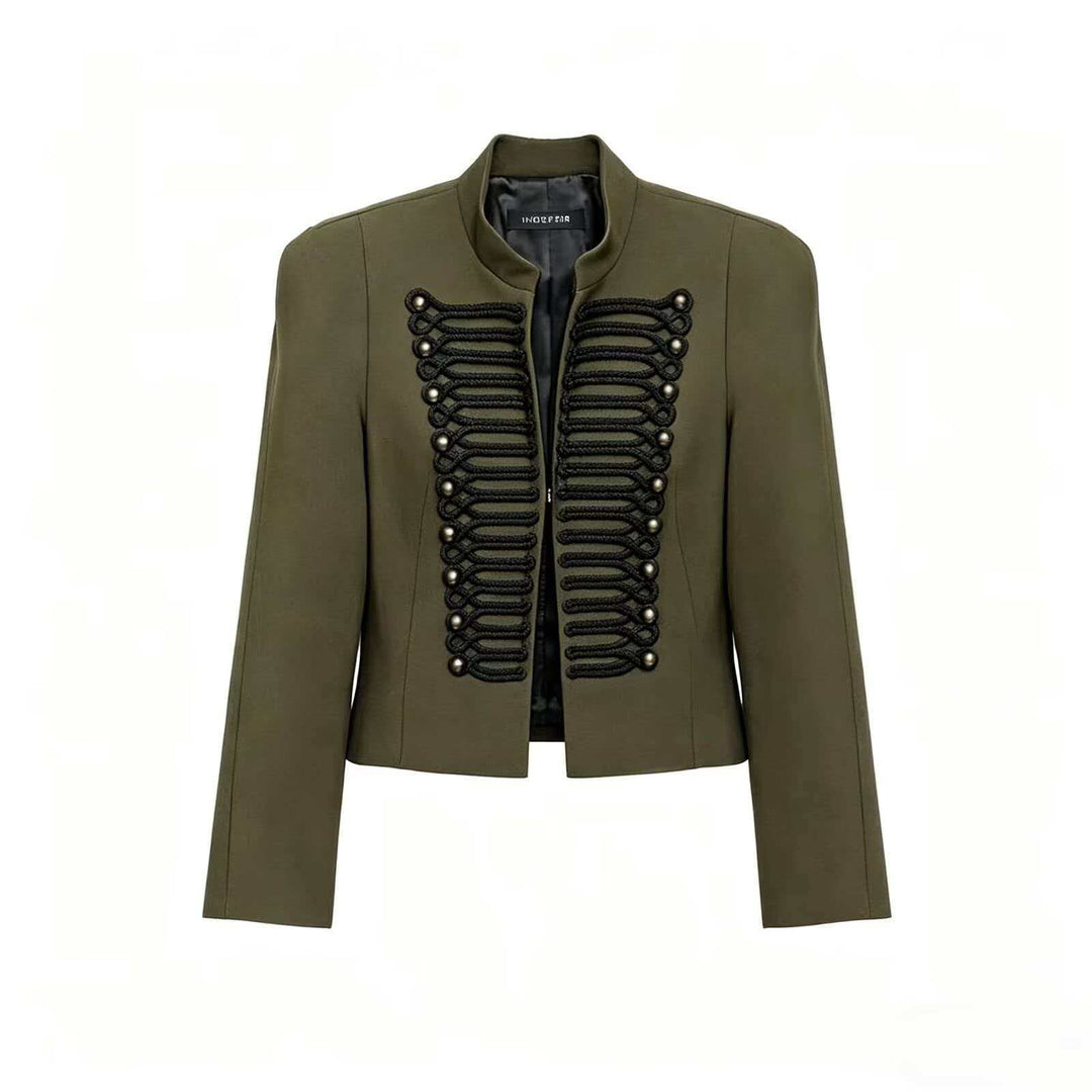 Ladies short jacket inspired by military with stand-up collar and decorative cords Mune Fashion