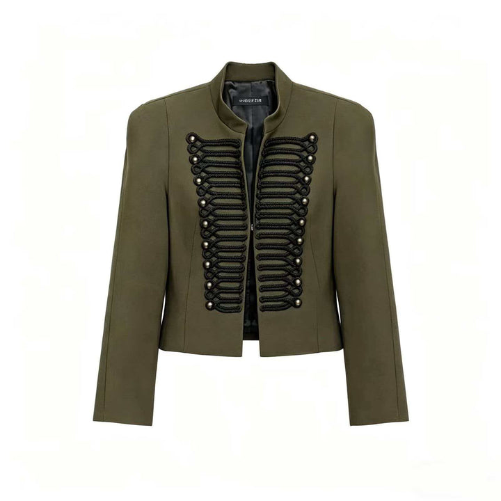 Ladies short jacket inspired by military with stand-up collar and decorative cords Mune Fashion