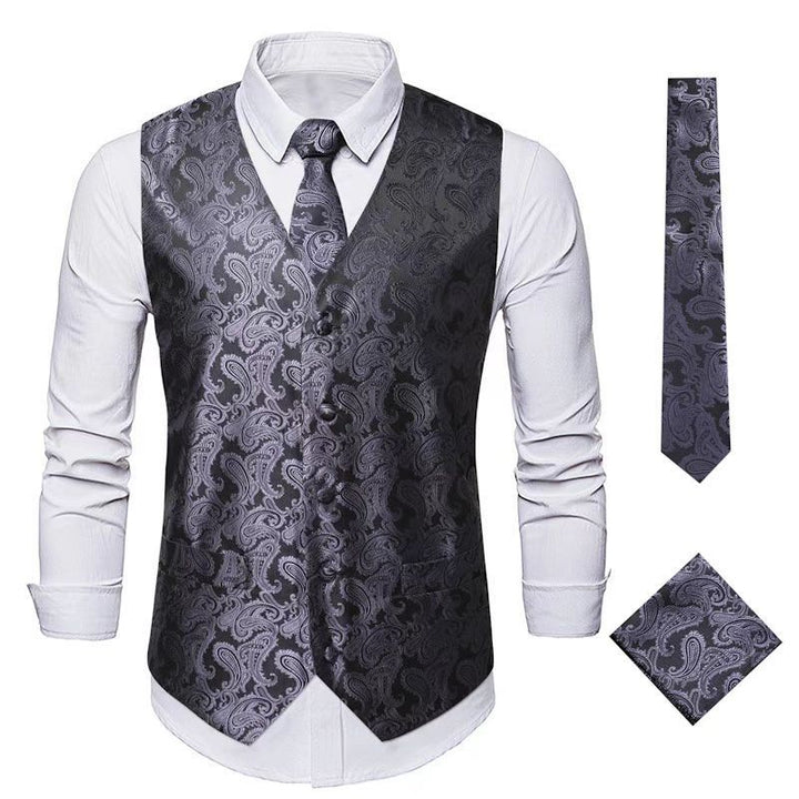 Men's Nan Paisley Satin Suit Vest Set with Tie and Pocket Square Mune Fashion