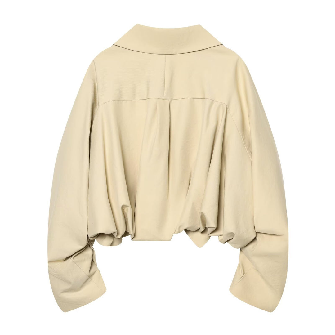 Women's Short Gathered Blouson Jacket with Large Peter Pan Collar Mune Fashion
