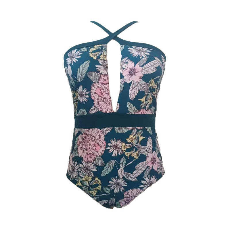 Women’s Sporty Swimsuit with Deep V-Neck and Floral Design Mune Fashion