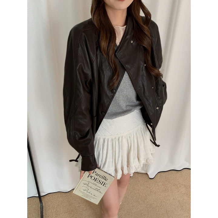 Women's Oversized Biker Jacket made of Faux Leather with Wide Lapels and Voluminous Sleeves Mune Fashion