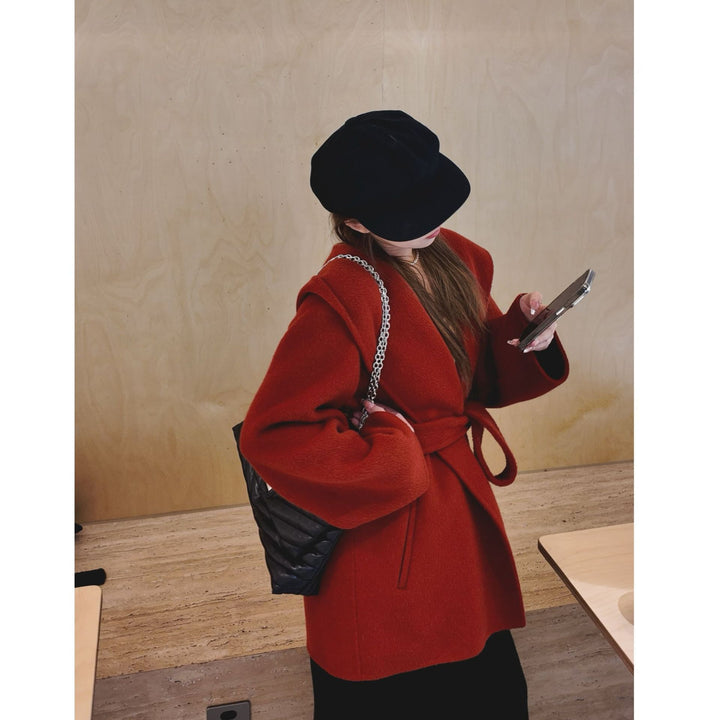 Women's Oversized Wool Coat with Hood and Waist Belt Mune Fashion