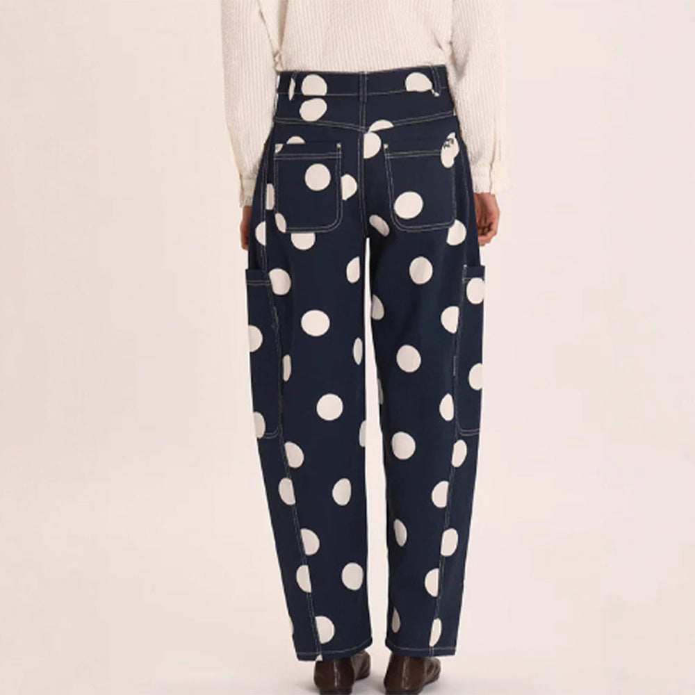 Women's wide cargo pants with high waist, polka dot print and visible contrast stitching Mune Fashion