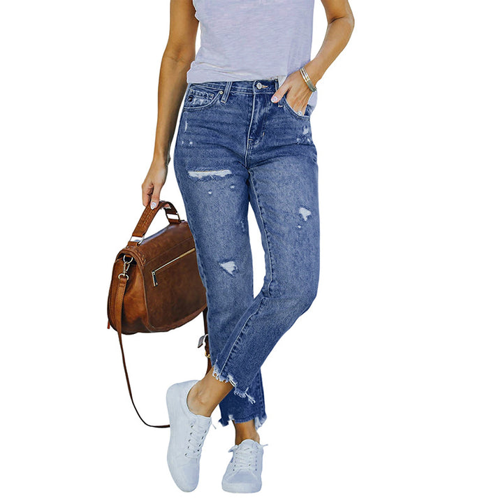 Women's High-Waist Jeans with straight leg, destroyed look and raw hem Mune Fashion