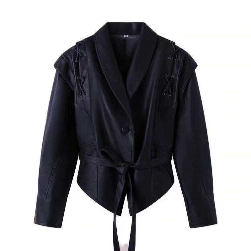 Women's tailored faux leather blazer with shawl collar, lacing details on the shoulder, and tie belt Mune Fashion