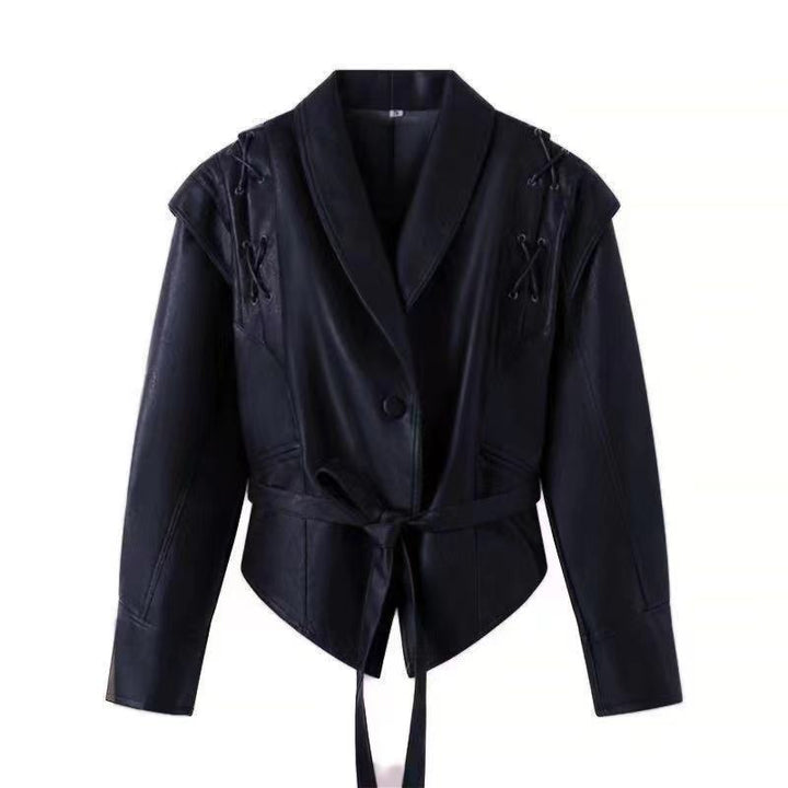 Women's tailored faux leather blazer with shawl collar, lacing details on the shoulder, and tie belt Mune Fashion