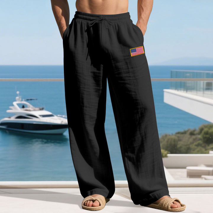 Men's Maritime Relaxed-Fit Linen-Look Casual Pants with Drawstring & Flag Patch Mune Fashion
