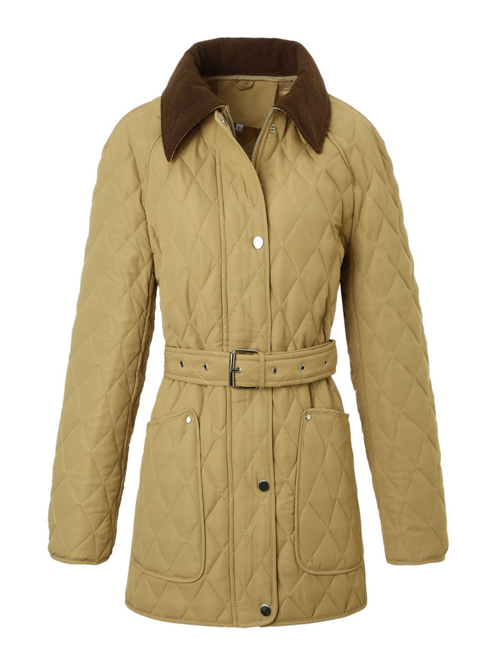 Women Long Padded Jacket-Coat with Tailored Belt and Contrast Cord Collar Mune Fashion