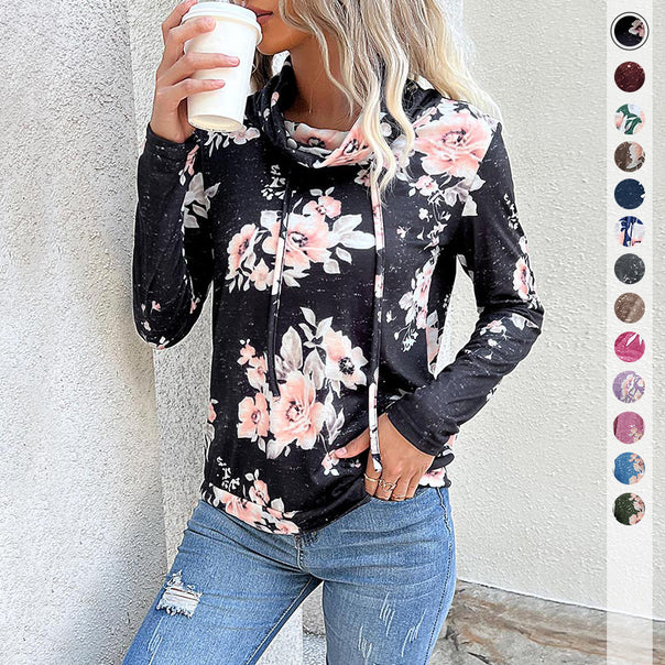 Women's Floral Lightweight Hooded Pullover with Cascade Collar and Drawstring Mune Fashion