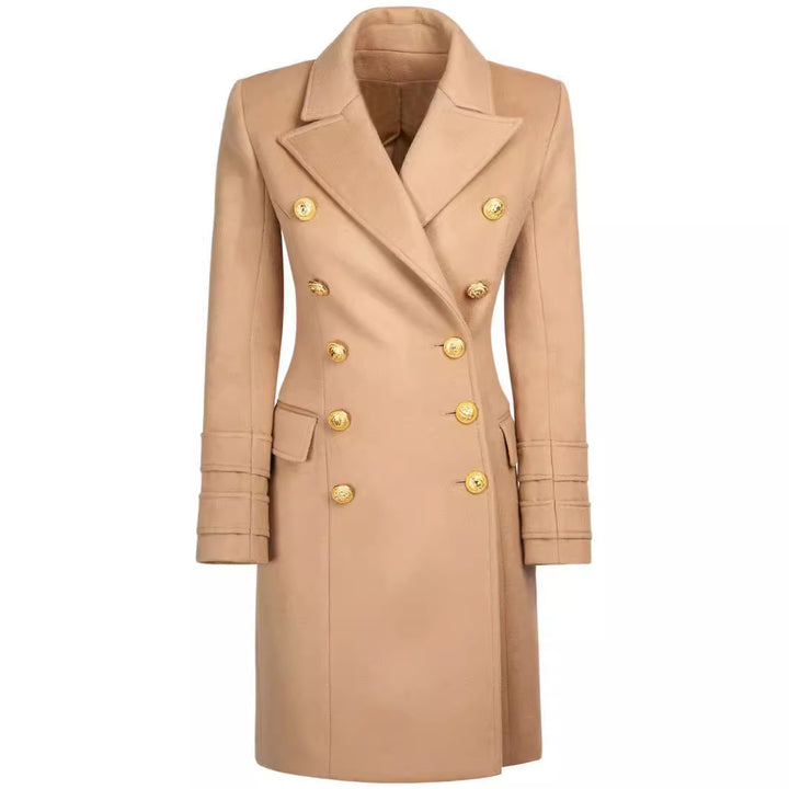 Women’s short coat in blazer dress style with structured waistline and golden decorative buttons Mune Fashion