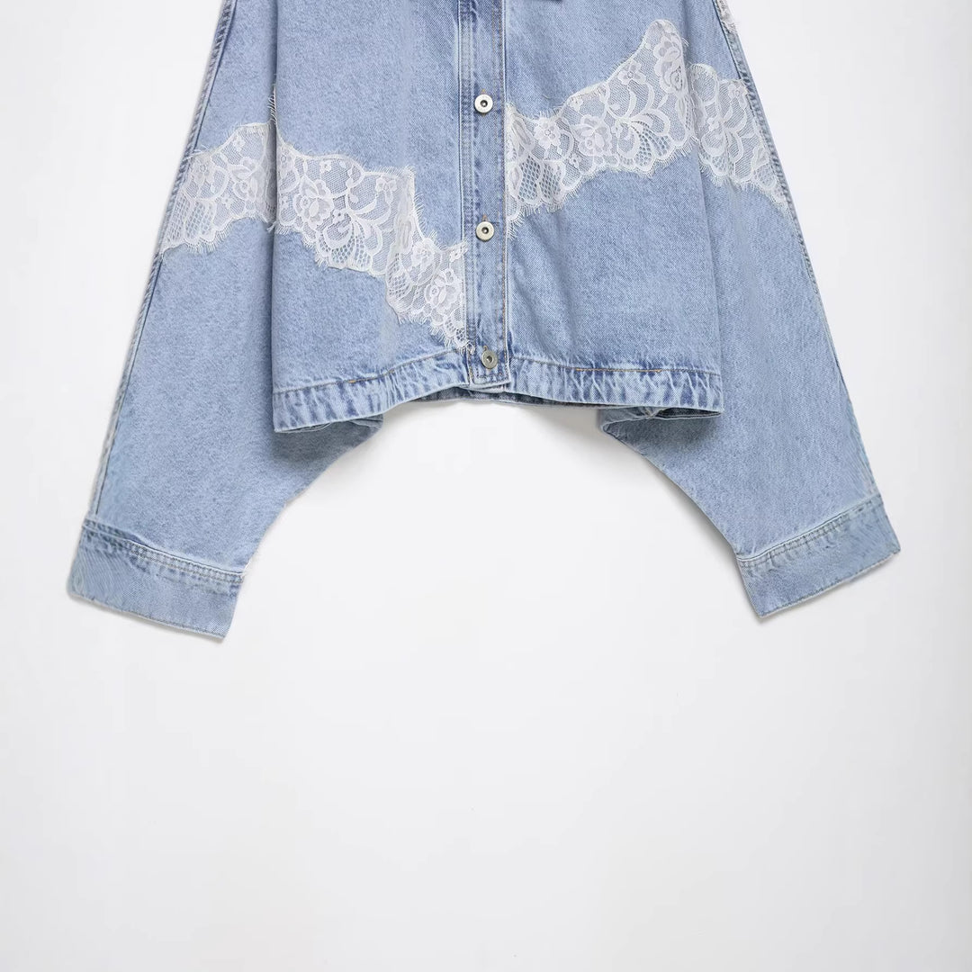 Women Short Cut Oversized Denim Jacket with Lace Detail and Batwing Sleeves Mune Fashion