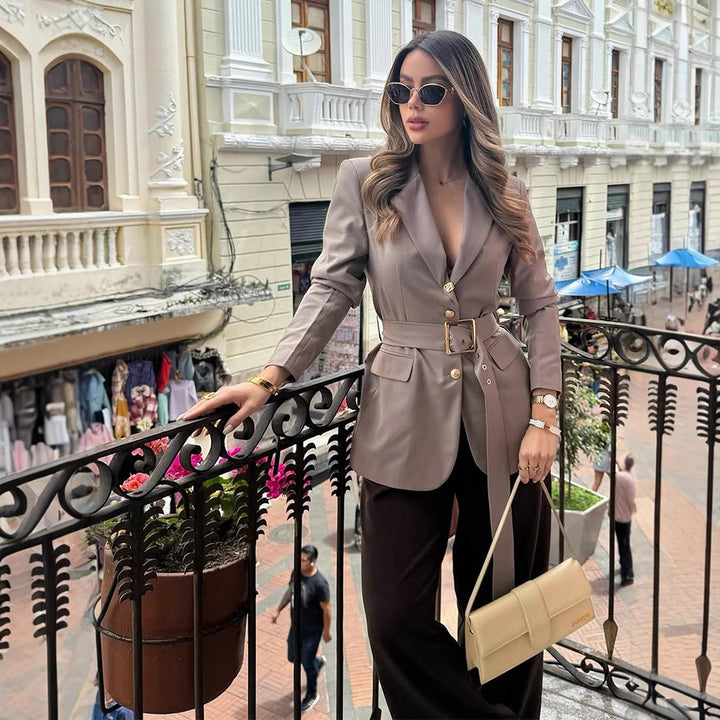 Women's tailored blazer with wide tie belt and gold-colored hardware Mune Fashion