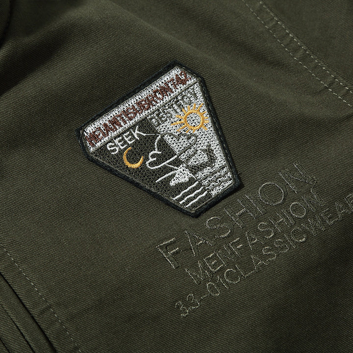 Men's Canvas Pilot Blouson in Military Look with Stand-Up Collar, Utility Pockets, and Patch Applications Mune Fashion
