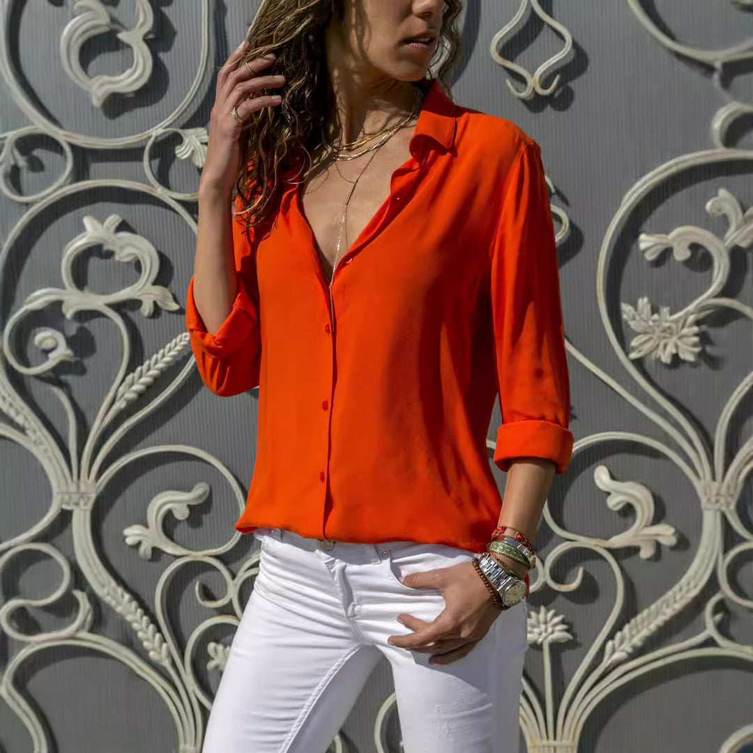 Women's casual viscose chiffon blouse with V-neck and cuffed sleeves Mune Fashion