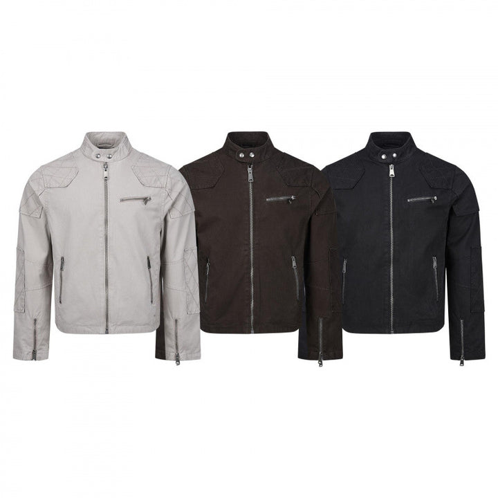 Men's short cut biker-inspired cotton jacket with stand-up collar, quilted inserts, and zippered pockets Mune Fashion
