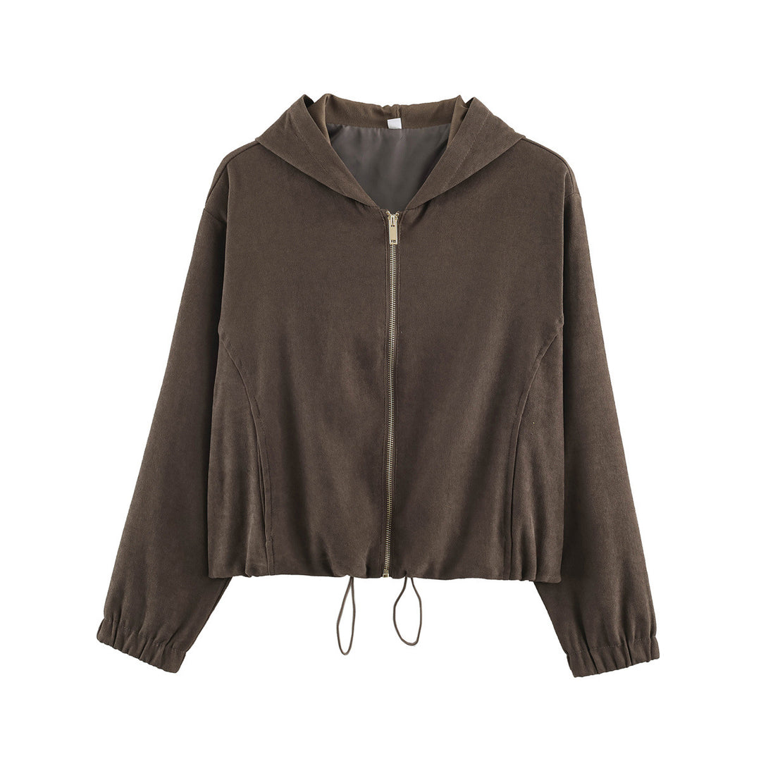 Women's short jacket in velour look with hood, full-length zipper and drawstring hem Mune Fashion