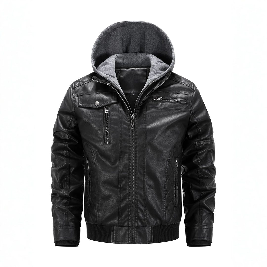 Men's Faux Leather Biker Jacket with Removable Hood Panel and Quilted Side Panels Mune Fashion