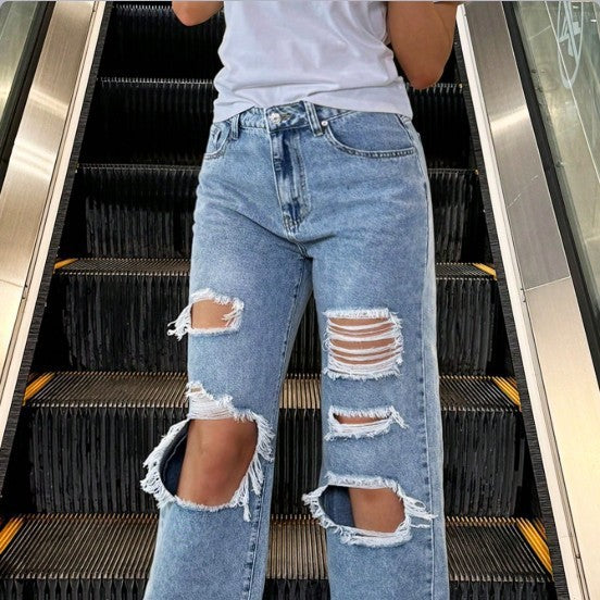 Women's High-Waist Baggy Jeans with large knee rips and straight leg Mune Fashion