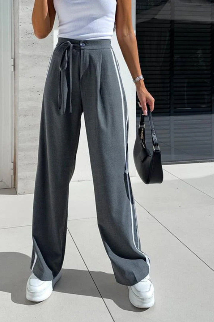 Women high-waisted wide leisure pants with sporty side stripe and tie belt Mune Fashion
