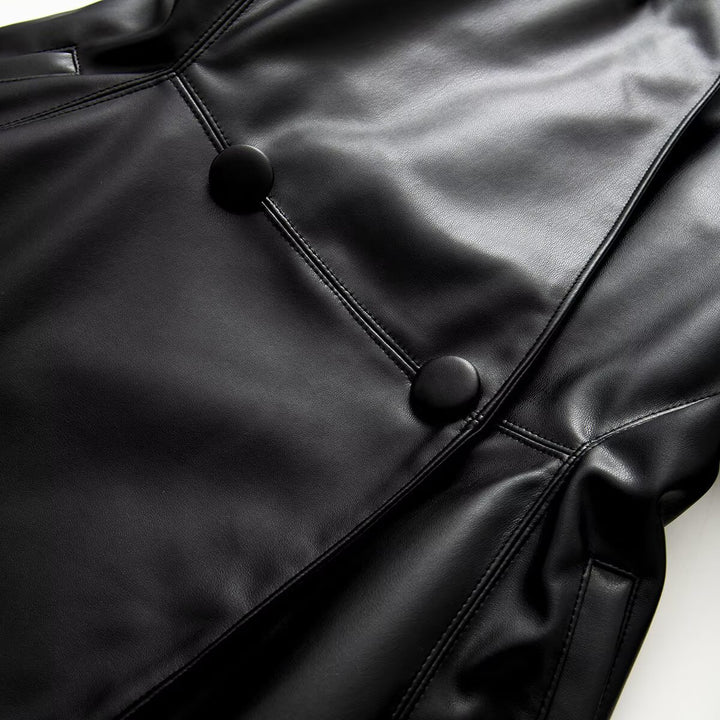 Women Faux Leather Blazer in Oversized Cut with Wrap Look and Tailored Decorative Buttons Mune Fashion