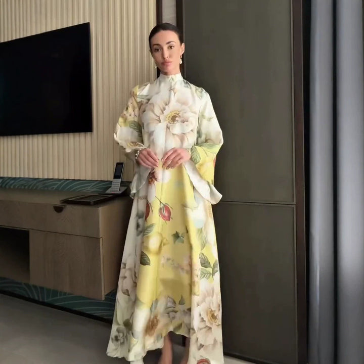 Women Floral Maxi Dress with High Stand Collar and Wide Bell Sleeves Mune Fashion