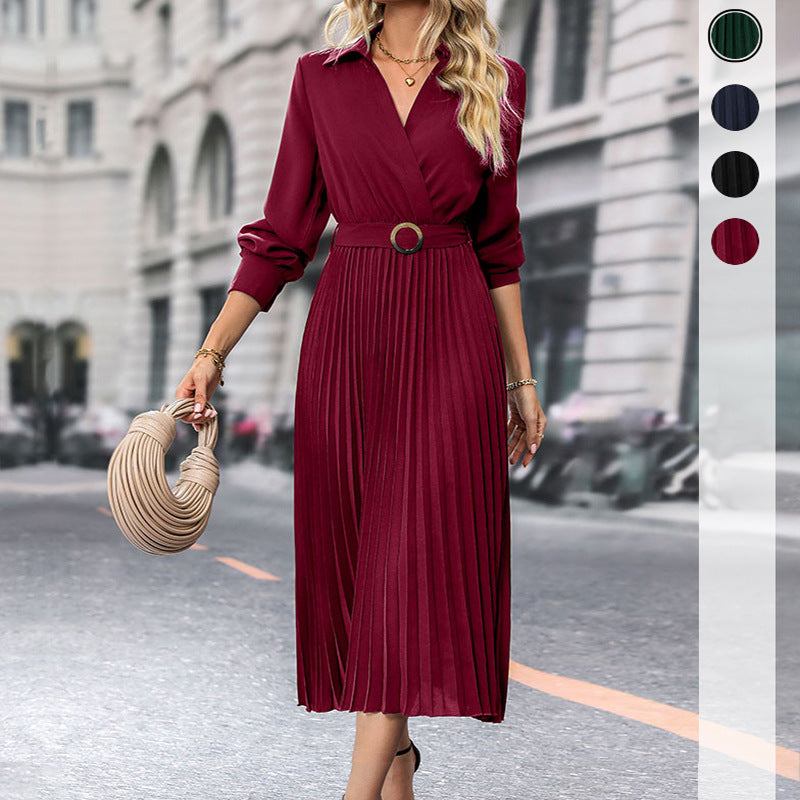 Women's Midi Pleated Dress with Wrap Top, Waist Belt and Pleated Skirt Mune Fashion