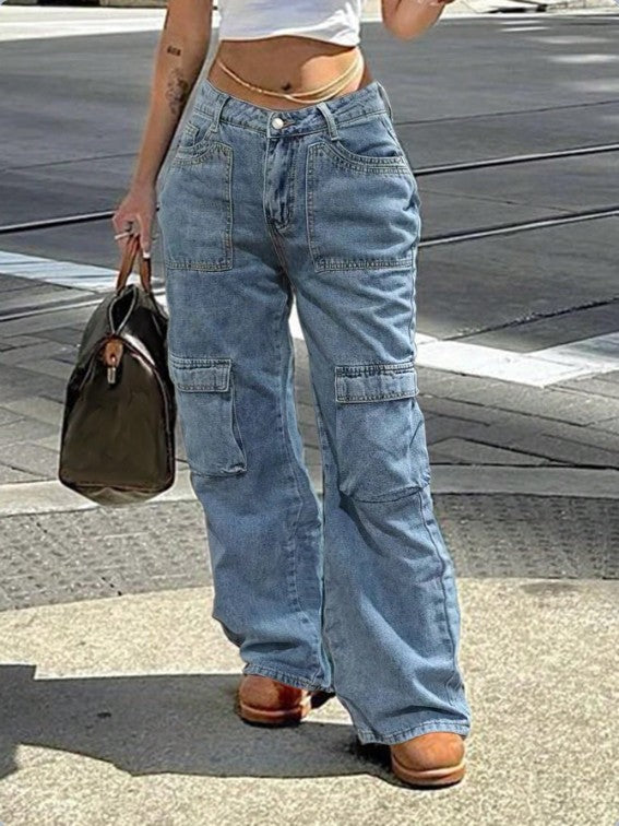 Women's High-Waisted Cargo Denim Pants with Utility Pockets Mune Fashion
