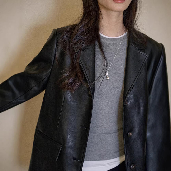 Women's Fashionable Leather Blazer Mune Fashion