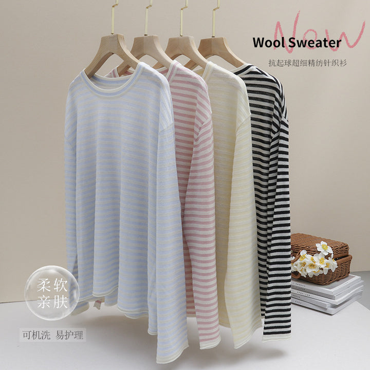 Womens fine striped long sleeve shirt with round neckline made of lightweight jersey Mune Fashion