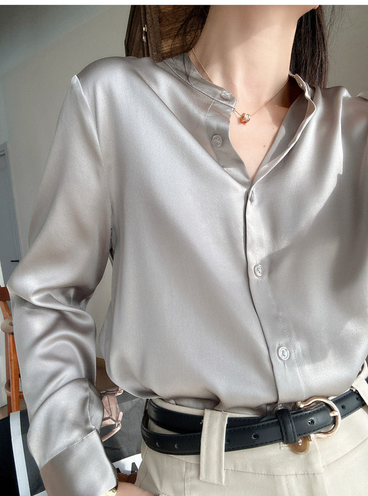 Women's Elegant Satin Blouse with Buttoned Neckline Drune